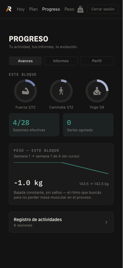 Pantalla de Avances de REBUILD: anillos de progreso por tipo de sesión, tiles con sesiones efectivas y series, y el gráfico de peso del bloque.